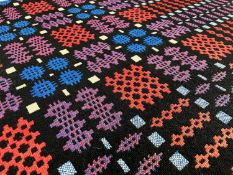 WELSH WOOLEN TAPESTRY BLANKET, CARTHEN, woven in blue, white, red and black, 188 x 232cms