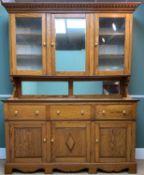 20TH C. GOLDEN OAK KITCHEN DRESSER, three plinth drawers over three cupboards, single internal
