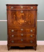 19TH CENTURY MAHOGANY MARQUETRY INLAID SECRETAIRE A ABATTANT, moulded cornice above frieze drawer,