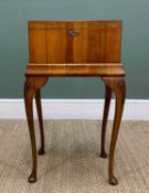 EARLY 20TH CENTURY WORK BOX, hinged top, green lined interior with sliding tray, raised on carved