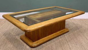 LARGE MODERN COFFEE TABLE, bevelled glass top, rectangular base, with parquet-style insert, 40h x