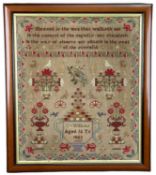 MID VICTORIAN NEEDLEWORK SAMPLER, 1853, BY C. WILKINS, AGED 16, decorated with birds, flowers, two