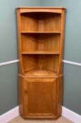 MID-CENTURY ERCOL 743C CORNER DISPLAY CABINET, gold label, two fixed shelves over single door