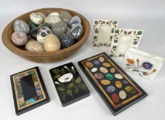 PIETRA DURA & HARDSTONE ORNAMENTS, including three Italian-style rectangular inlaid panels,