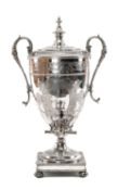 VICTORIAN SILVER PLATED SAMOVAR, large urn type body with twin handles on square base with bun feet,