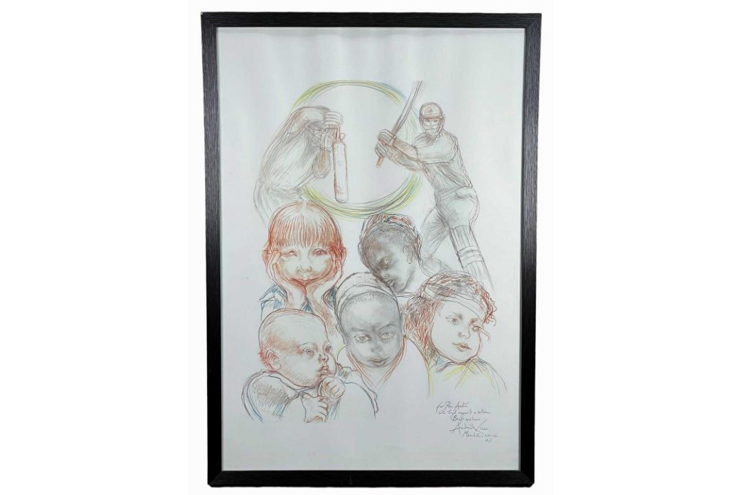 ‡ ANDREW VICARI colour print - untitled, two cricketers and five children, personally signed and - Image 2 of 2