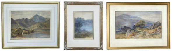 THREE WATERCOLOURS, comprising JOHN STEEPLE (1823-1887) - cottages on the old road at Capel Curig,