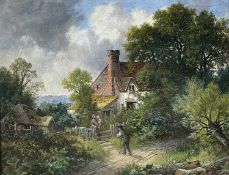 EARLY 19TH C. WELSH SCHOOL oil on board – farmstead and figures, unsigned, circa 1840, 23 x 29cms