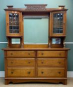 ARTS & CRAFTS STYLE MIRROR-BACK BUFFET, central mirror flanked by two lead glazed cupboards, above
