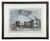 ‡ MARY TRAYNOR mixed media - the map room, Old Cardiff Library, signed, dated verso 1997, 32 x 46cms