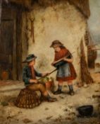 MARK WILLIAM LANGLOIS (1848-1924) oil on canvas - tarring the ship, two children with model ship,