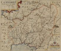CHRISTOPHER SAXTON & WILLIAM KIP, 17th C. engraved map entitled 'CAERMARDI', 27 x 32cms