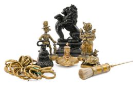 ASSORTED BRASSWARE, including Bacchus head inkwell on circular dish base, 16cms h, tortoise inkwell,