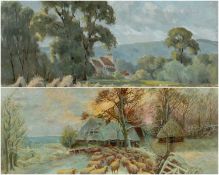 TWO LANDSCAPE OIL PAINTINGS, comprising AGNES BARRITT, sheep in snow at dusk, signed, 45 x 65cms;