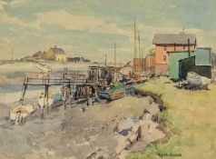‡ GYRTH RUSSELL (Canadian 1892-1970) watercolour - jetty with boats and buildings, believed Penarth,