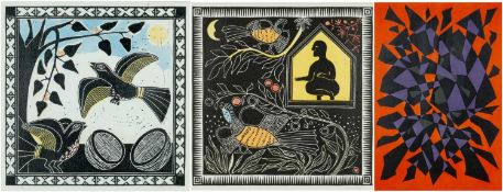 20TH CENTURY SCHOOL two linocuts - birds and figure, indistinctly signed in pencil, 31 x 31cms,