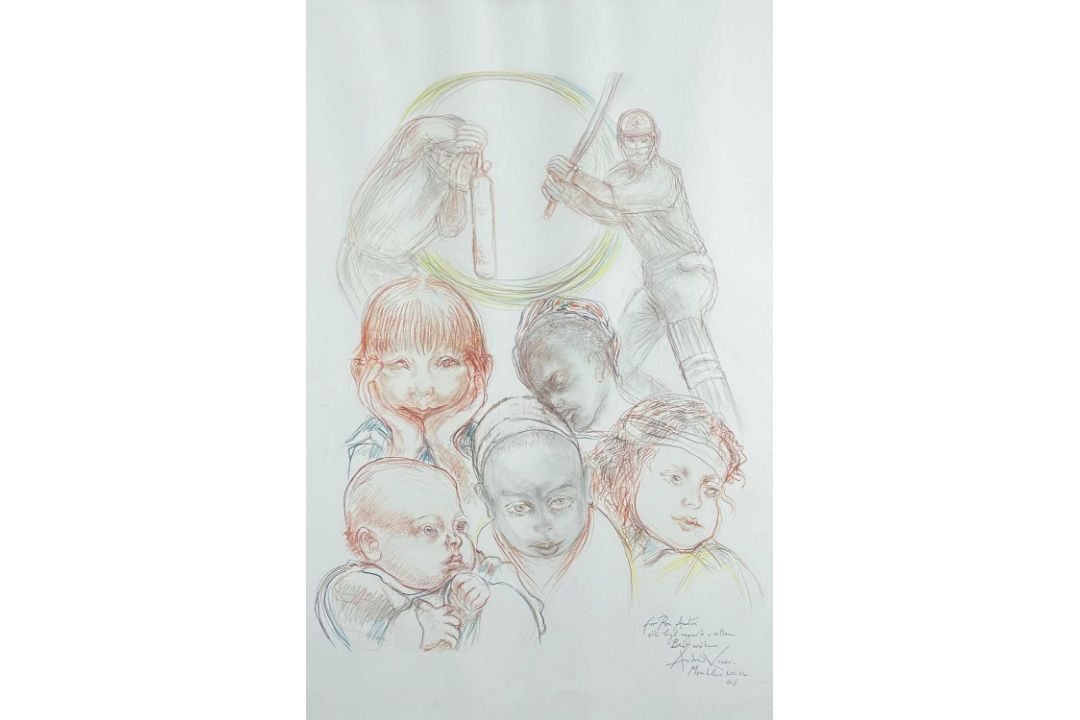 ‡ ANDREW VICARI colour print - untitled, two cricketers and five children, personally signed and - Image 1 of 2