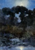A. MONTGOMERIE watercolour - pond and woodland in moonlight, signed, 38 x 27cms Provenance: