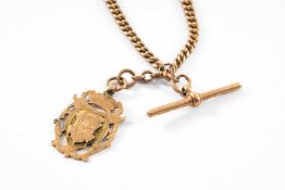 9CT GOLD ALBERT CHAIN, graduated curb link, T-bar, with 9ct gold pendant, 41cms long, 45.1gms