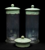 PAIR EARLY 20TH C. ROWNTREES SWEET JARS, the green enamelled art nouveau covers embossed '