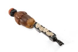 LATE 19TH C. SEWING CLAMP, fitted with coqilla nut pin cushion, ebonised clamp with bone, foliate