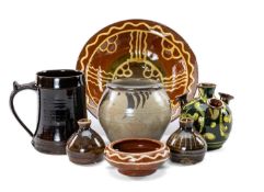 STUDIO POTTERY comprising Bernard Leach cylindrical tankard, St Ives pottery vase, pair of small