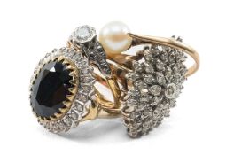 FOUR GOLD RINGS comprising 18ct gold and platinum diamond ring, diamond and sapphire ring, 9ct
