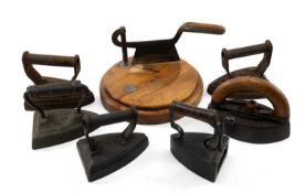 ASSORTED FLAT IRONS & TOBACCO CUTTER, including a Canadian iron marked Jas. Smart Mfg. Co. Ltd,