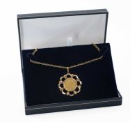 VICTORIA SOVEREIGN PENDANT, 1880, young head, in 9ct openwork frame, 39mm diam. on unmarked yellow