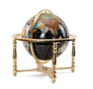 LAPIS GLOBE set with assorted minerals and semi-precious stones on brass stand with inset compass,