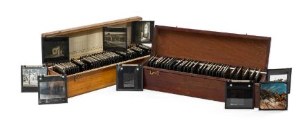 TWO BOXES OF GLASS POSITIVES, depicting Welsh landmarks and locations including Cardiff Castle,