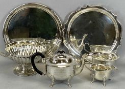 MIXED EPNS & TABLEWARE comprising three-piece presentation tea service, the teapot inscribed '