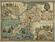 JOHN SPEED 1610 hand coloured engraved map of Caernarfon with inset town plans of Caernarfon and