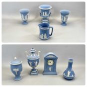 WEDGWOOD BLUE & WHITE JASPERWARE LIDDED PEDESTAL URN, 27cms H, two handled pedestal urn, 24cms H,