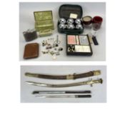 AN INDIAN SWORD WITH BRASS HANDLE, plush cupboard scabbard, 86cms H overall, an Indian sword