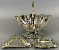 TWO HALLMARKED SILVER ASHTRAYS & AN EPNS HELMET SHAPED SUGAR BASKET, the ashtrays both bear