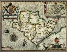 JOHN SPEED circa 1810 hand coloured engraved map - of Anglesey, with inset town plan of Beaumaris,