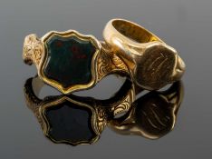 TWO YELLOW METAL RINGS comprising 18ct gold signet ring engraved with initials, together with yellow