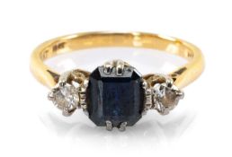 18CT GOLD & PLATINUM THREE STONE SAPPHIRE & DIAMOND RING, ring size M, 3.3gms Provenance: private