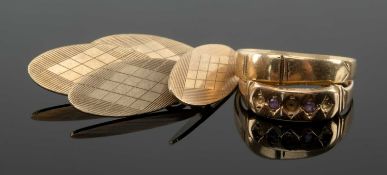 PAIR 9CT GOLD CUFFLINKS & TWO RINGS, one band 18ct, the other 15ct and missing 3 small stones, tot