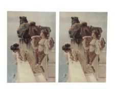 PAIR LARGE ITALIAN COLOUR PRINTED STONEWARE TILES, of 'Spring Flowers' after Sir Lawrence Alma-