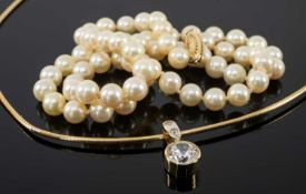 BOXED 14K GOLD WHITE STONE PENDANT on 14k gold chain, 8.4gms, together with boxed pearl necklace