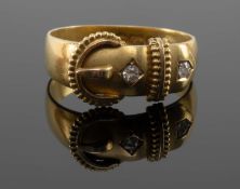 18CT GOLD & DIAMOND GARTER OR BUCKLE RING, in period T.W. Long & Co. (Cardiff) Jewellers box, ring