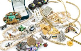 ASSORTED COSTUME JEWELLERY comprising boxed simulated pearls, costume brooches, vesta case,