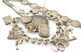 ASSORTED SILVER comprising silver curb link charm bracelet, heart padlock and various charms, 3d