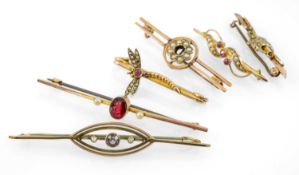 SIX 9CT GOLD BAR BROOCHES, of various design including halo and insect, set with various semi-