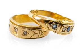 TWO GOLD RINGS comprising 18ct gold three stone diamond chip ring together with an 18ct gold