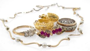 ASSORTED JEWELLERY comprising 9ct gold eternity ring, 9ct gold pearl necklace, pair of 9ct gold ruby