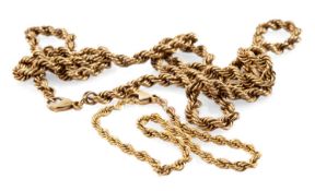 9CT GOLD SPIRAL LINK NECKLACE, 62cms long, together with similar bracelet, 17.5cms long, 22.6gms