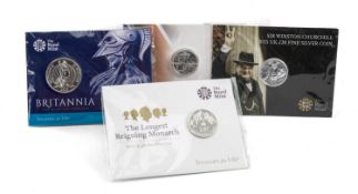 FOUR ROYAL MINT SILVER COMMEMORATIVE COINS, comprising 2015 Britannia £50; 2013 'George & the